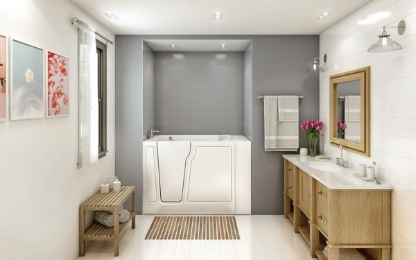 a beautifully installed walk-in bathtub in a moderately sized bathroom